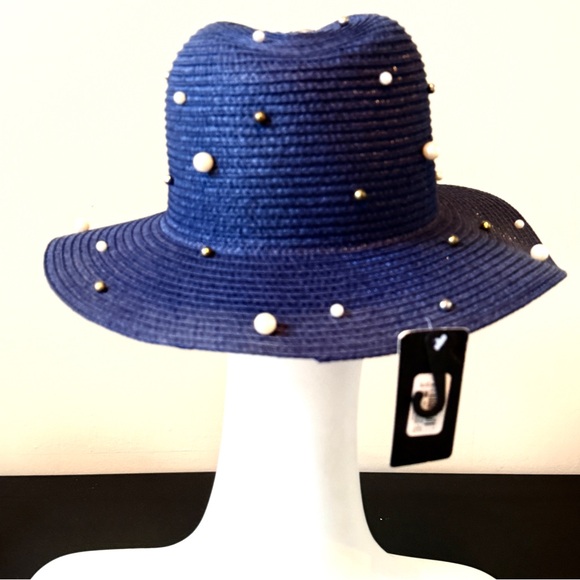 Navy Blue Straw Hat Pearl Studded Wide Brim Sun Hat Chic Resortwear NWT - Picture 5 of 9